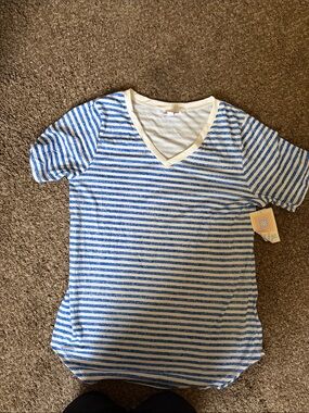 LuLaRoe Blue and White Striped V-Neck Kids Tee